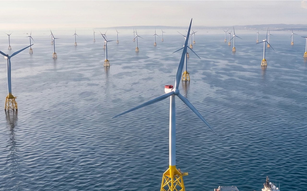 Visualisation of an offshore wind farm, generated using AI. Credit: Glamox.