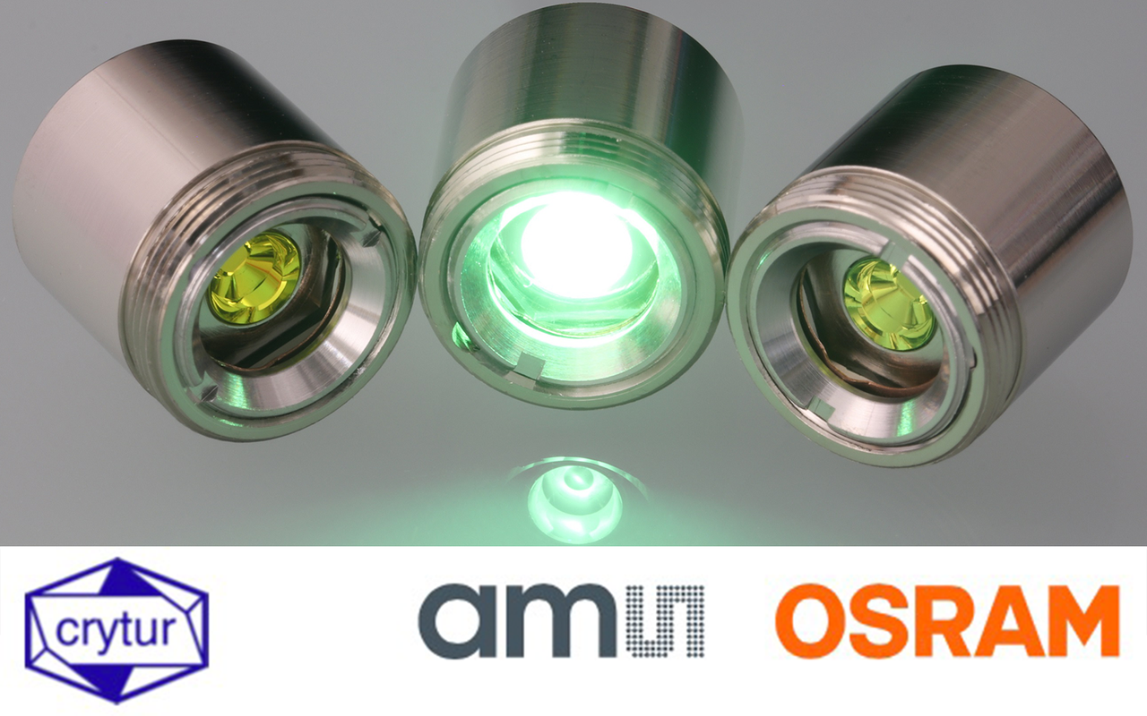 Latest MonaLight laser module combines ams OSRAM’s PLPT9 450 LB_E blue laser diode and new phosphor conversion technology from Crytur. Image: Crytur.