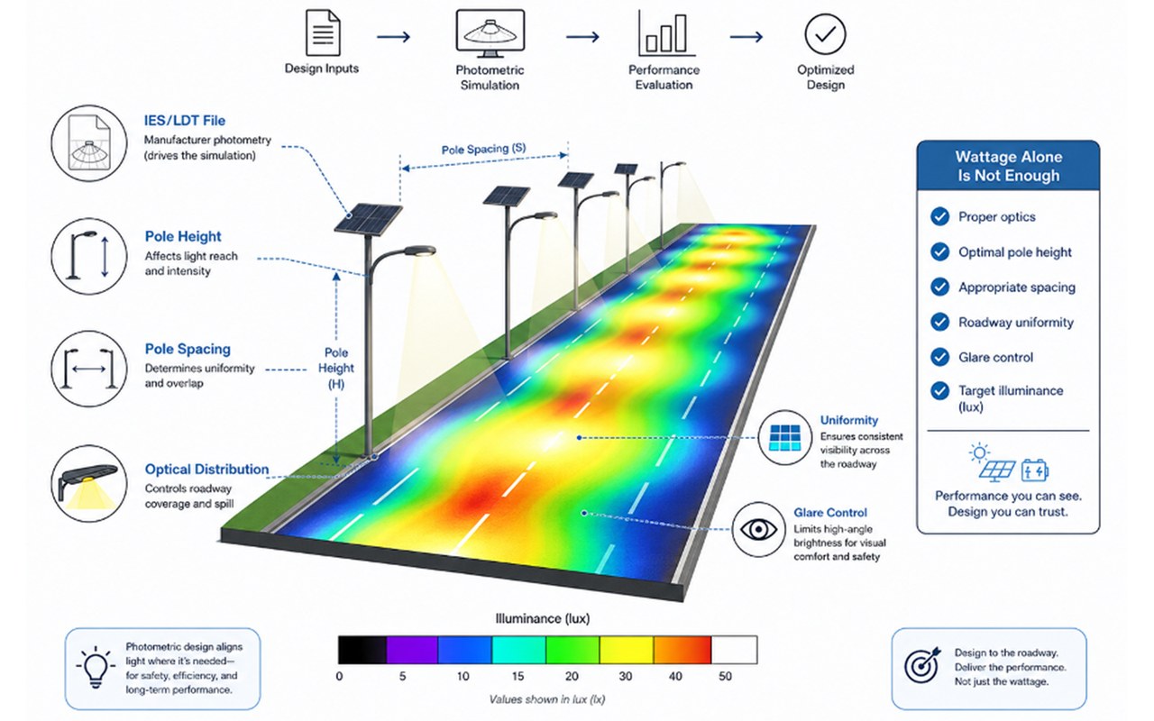 Figure 1: Photometric design workflow showing how luminaire photometry, pole geometry, simulation and roadway performance metrics are reviewed before tender approval.