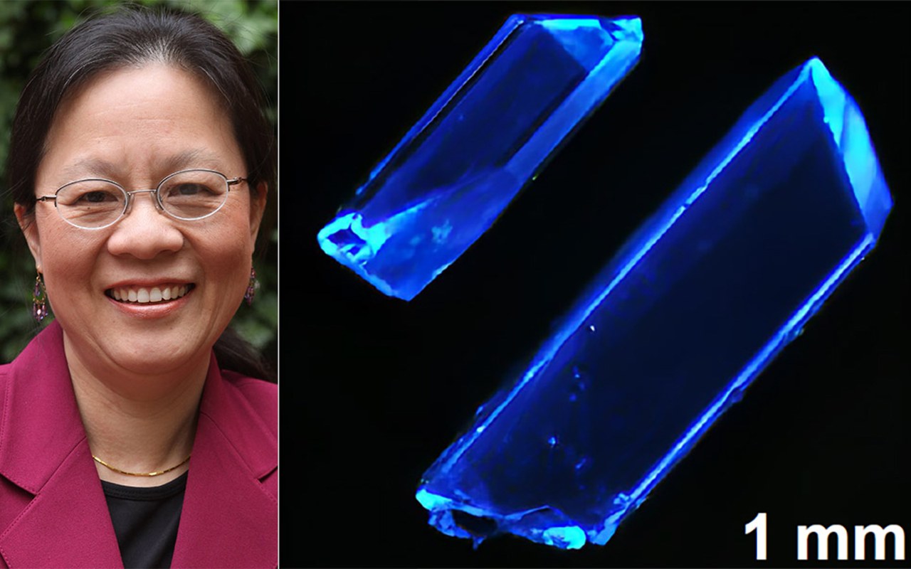 Distinguished Professor Jing Li led the research (left). Hybrid copper iodide crystals emitting deep-blue light are being developed by scientists in a Rutgers laboratory (right).