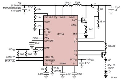 Typical application circuit using the short-circuit robust LT3795 boost LED driver with spread spectrum frequency modulation