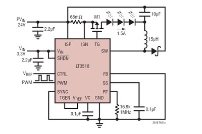 1.5A buck mode lED driver schematics using Linear's LT3518H IC that can withstand a junction temperature of up to 150°C