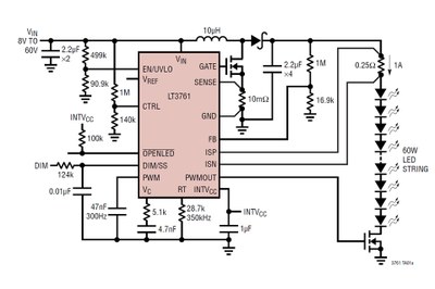 Application example with internal 25:1 dimming using Linear's  LT3761  60V, LED controller with internal PWM generator