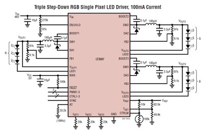 Typical application of the LT3597 60V Step-Down Three Channel LED Driver with 10,000:1 True Color PWM™ Dimming