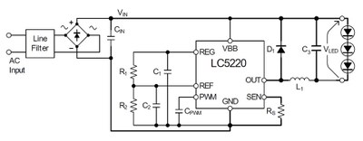 Typical application example of a buck voltage converter circuit with Allegro's LC5220D/S LED series