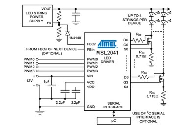 Application circuit for Atmel's MSL2041 four channel LED driver for general lighting applications