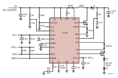 Typical application circuit of Linear Technology's new LT3796 driver that can handle input transients of up to 100V
