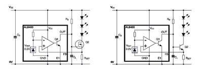 Diods' AL8400 LED driver application circuits using MOSFET (left) and Bipolar transistors (right).