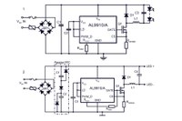 Typical application circuit withou (1) and with (2) PFC for AL9910/AL9910A LED driver ICs