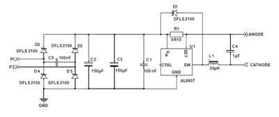 Typical application scheme of the AL8807 LED driver IC that is designed to reduce EMI issues in lower cost MR16 LED lamps