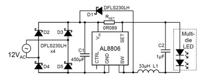 Typical application circuit using Diodes' AL8806 buck LED driver