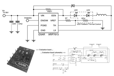 Typical application schematics for Exar's XRP7613 driver IC that provides an adjustable current range from 150 mA up to 1.2 A