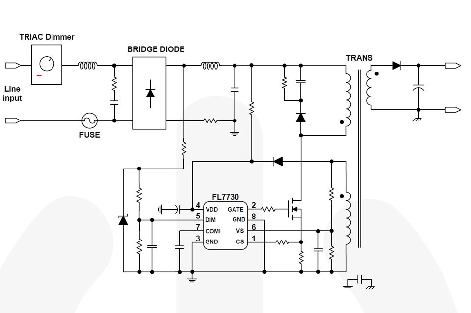 Typical application circuit for a TRIAC dimming solution using the Fairchild's7730