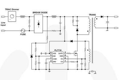 Typical application circuit for a TRIAC dimming solution using the Fairchild's7730