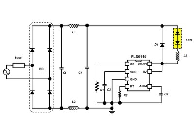 Typical application circuit for the FLS0116 that automatically detects AC and DC input voltage conditions, enabling and disabling PFC functions, analog dimming and soft-start functions