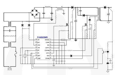Application diagram of the FAN6920MR that offers integrated critical-mode and quasi-resonant current-mode flyback PWM controller design.