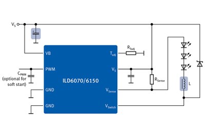 Simplified application schematic using the ILD6070 or ILD6150 LED driver IC