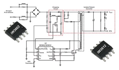 A typpical application circuit for an isolated Flypback converter using an iW3602 or iW3612 IC