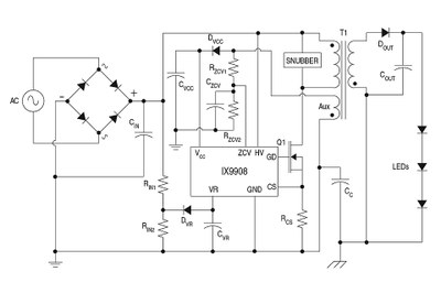 Schematic of an example application with the IX9908 that allows to realize an efficiency greater than 90%