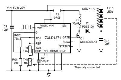 Typical application diagram for buck-boost solution utilizing a thermistor and TADJ