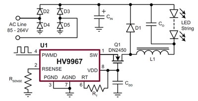 Typical application circuit using the Supertex HV9967 driver IC.