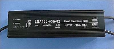 The LGA100-F36-02 power supply features a universal line input 90-264 VAC/50-60 Hz and four independent 650mA outputs.