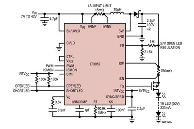 Typical application schematic for a short-circuit robust boost LED driver with spread spectrum frequency modulation using Linear Technology's LT3952