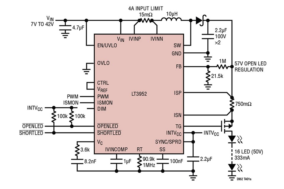 Typical application schematic for a short-circuit robust boost LED driver with spread spectrum frequency modulation using Linear Technology's LT3952