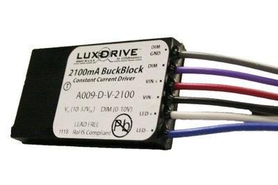 The dimmable LUXdrive A009 module operates with DC input voltages between 10 and 32 volts