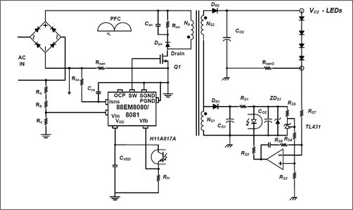 A typical flyback circuit using a Marvell 88EM80xx series IC.