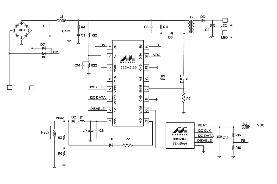Marvell's new 88EM8189 LED controller offers I2C control, low standby power, compatibility to phase cut dimmers and accelerates the transition of smart lighting