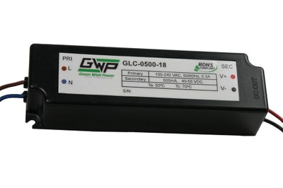 GWP's “GLC-18” Series of constant current AC/DC LED power supplies offer efficiencies of 85% and a self-adjusting output voltage from 18VDC to 54VDC