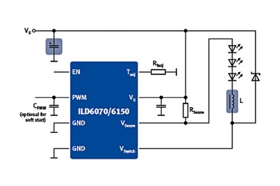 Simplified schematics of a LED driver using ILD 6070 orILD6150 driver ICs