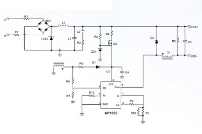 Typical application circuit of an LED driver buck solution using the Diodes AP1695 driver IC