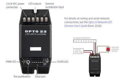 Opto 22's network LED dimmer provides flicker-free control of 12&24 VDC LED lamps, bulbs, and strips over DMX, Modbus, and Optomux serial networks