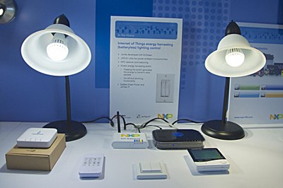 NXP's demonstrated smart lighting network at CES 2014 includes EnOcean's energy harvesting switch, RGB LEDs, and a bridge to the internet of things