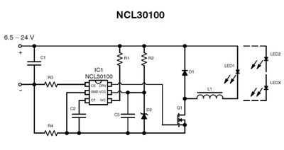 ON Semiconductor NCL30100: Typical application example of the LED converter
