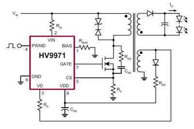 A typical application circuit with the HV9971 needs just a low number of external components