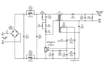 Power Integrations LYTSwitch-2 application example for an energy efficient 8.6 W LED power supply with >86 % average efficiency and <30 mW no-load input power