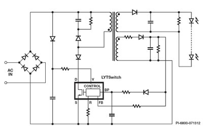 Simplified schematic for a LED driver solution using Power Integrations' new LYTSwitch ICs