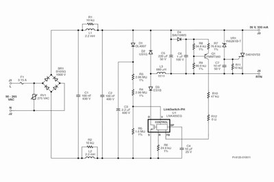 Reference schematic for a 12 W non-isolated buck topology using the new LinkSwitch-PH devices in the 2-mm eSIP-L package