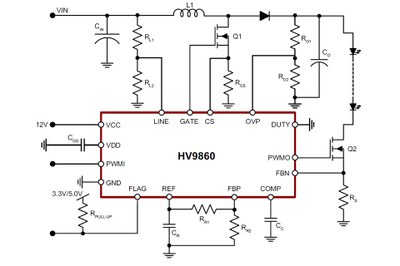 Typical application circuit using the Supertex HV9860 driver IC which provides wiring fault protection