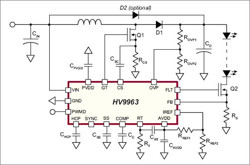 A typical application circuit using the HV9963 from Supertex.