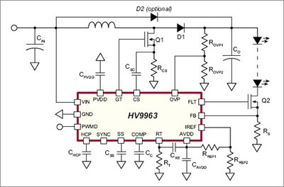 A typical application circuit using the HV9963 from Supertex.