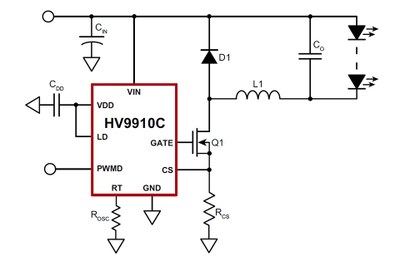 Simplified application circuit schematics for the new HV9910C LED driver