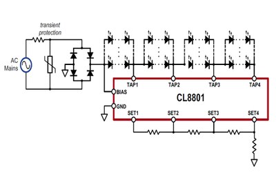 Typical application circuit using the CL8801 which has four current regulator outputs
