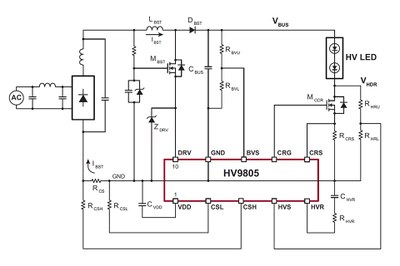 Typical application circuit with Supertex's new HV9805 LED driver IC