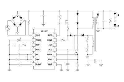 Typical application diagram of TI's new LM3447 that promises smooth, flicker-free phase-dimmable dimming