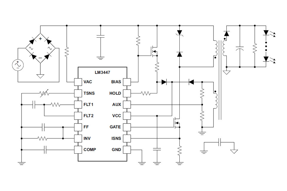 Typical application diagram of TI's new LM3447 that promises smooth, flicker-free phase-dimmable dimming