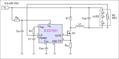 Application example schematics for the ZLED7001 universal LED driver.